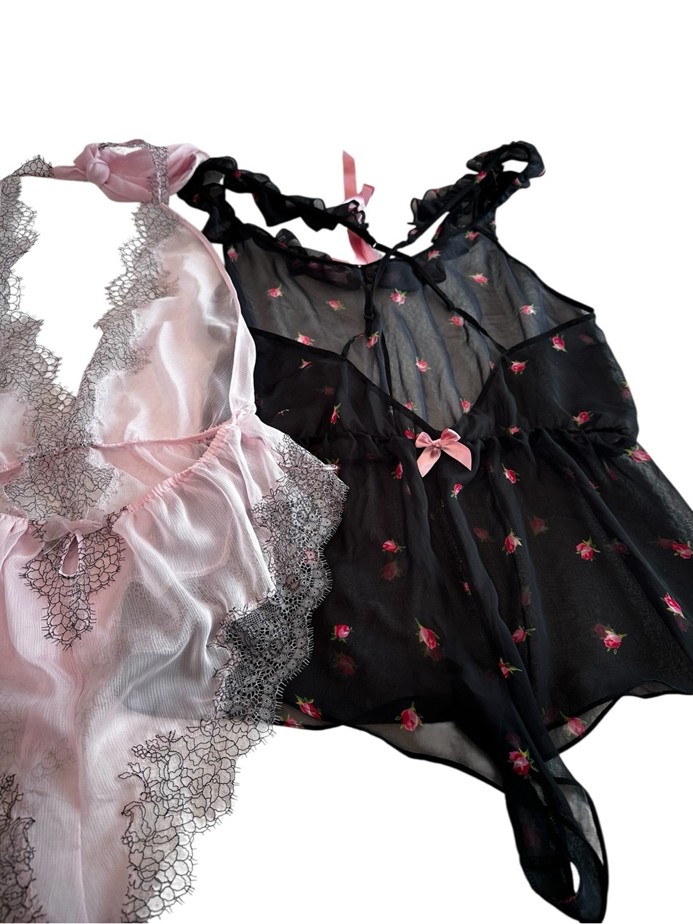 Victoria Secret Bundle of Sheer Pink Lace and Black Floral Romper Set nightie - Picture 7 of 13